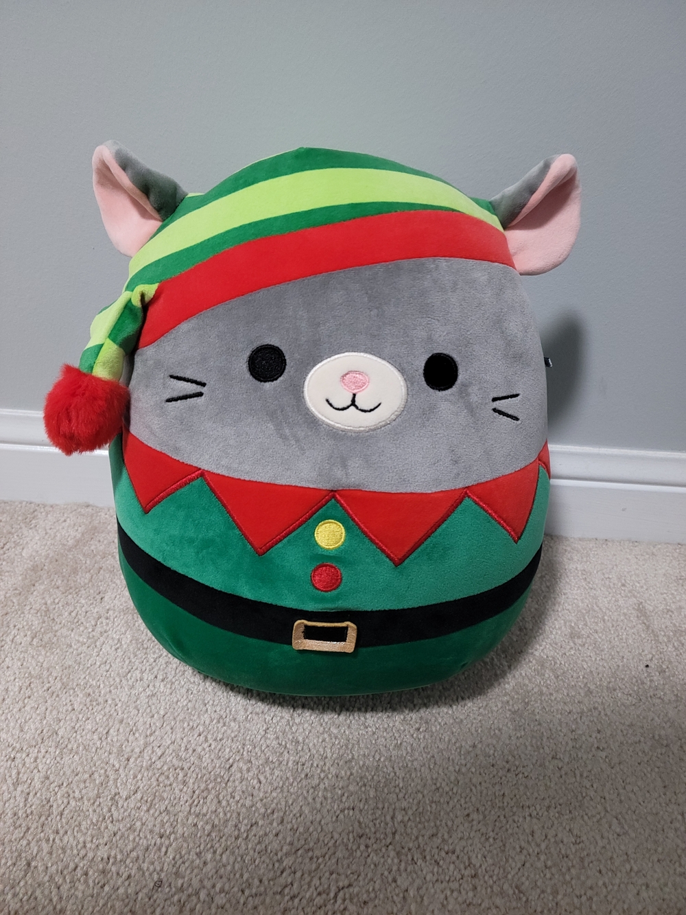 Squishmallow Holiday Misty The Mouse as an Elf  Pillow - Green & Gray